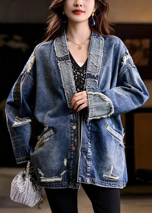 Casual Blue V Neck Hole Midi Length Denim Coat Fall