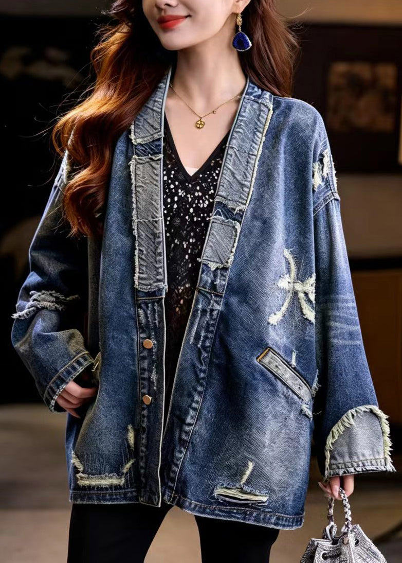 Casual Blue V Neck Hole Midi Length Denim Coat Fall