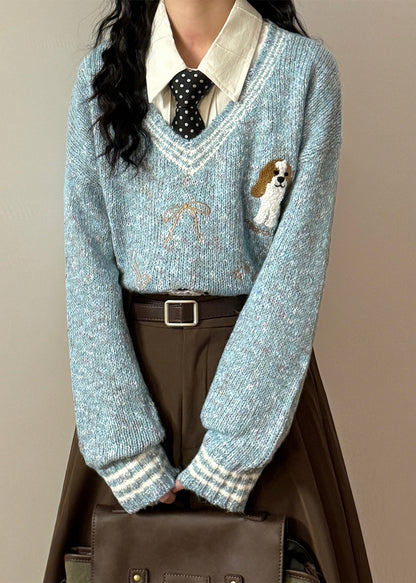 Casual Blue V Neck Little Dog Bow Knit Sweater Spring