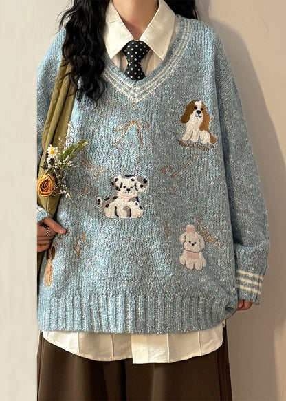 Casual Blue V Neck Little Dog Bow Knit Sweater Spring
