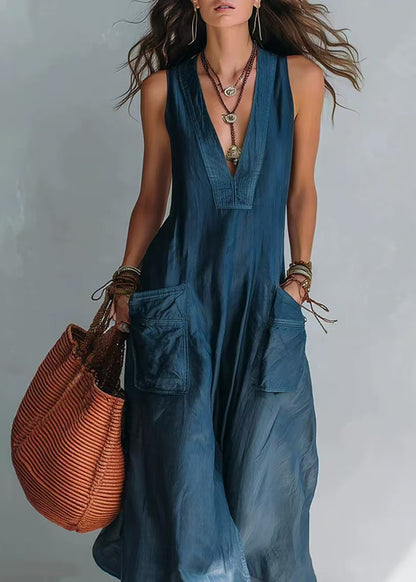 Casual Blue V Neck Pockets Jumpsuit Sleeveless
