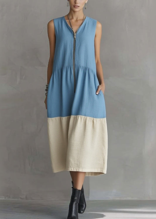 Casual Blue Vacation Maxi Dresses Zippered Patchwork Summer