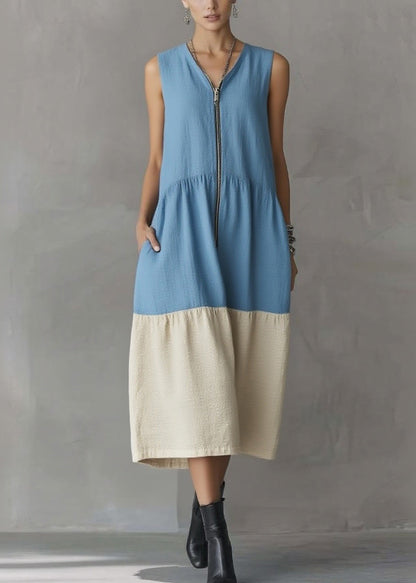 Casual Blue Vacation Maxi Dresses Zippered Patchwork Summer