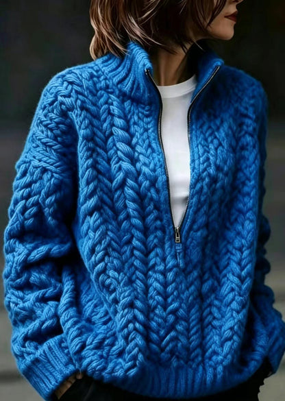 Casual Blue Zip Up Stand Collar Knit Sweater Fall