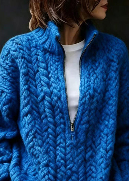 Casual Blue Zip Up Stand Collar Knit Sweater Fall