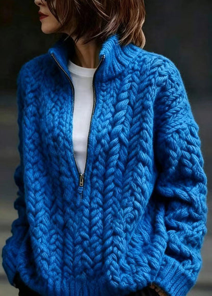 Casual Blue Zip Up Stand Collar Knit Sweater Fall