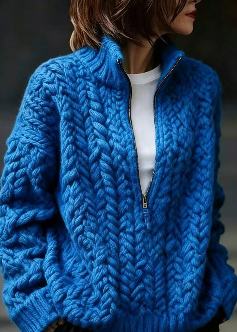 Casual Blue Zip Up Stand Collar Knit Sweater Fall