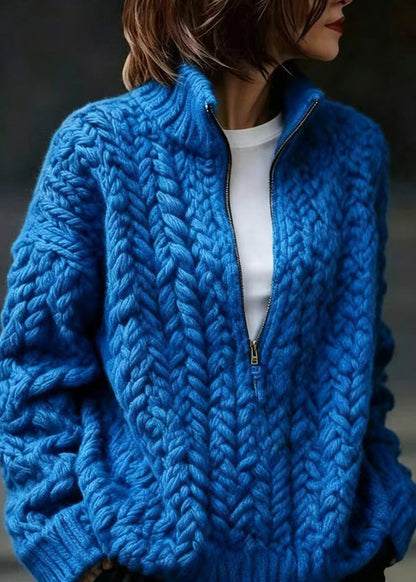 Casual Blue Zip Up Stand Collar Knit Sweater Fall