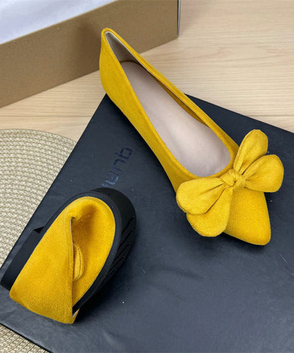 Casual Bow Splicing Flat Shoes For Women Yellow Suede