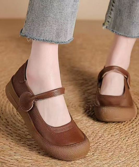 Casual Brown Buckle Strap Cowhide Leather Flat Shoes