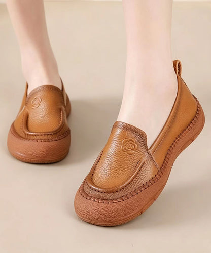 Casual Brown Embossed Floral Cowhide Leather Loafers