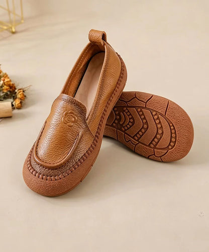 Casual Brown Embossed Floral Cowhide Leather Loafers