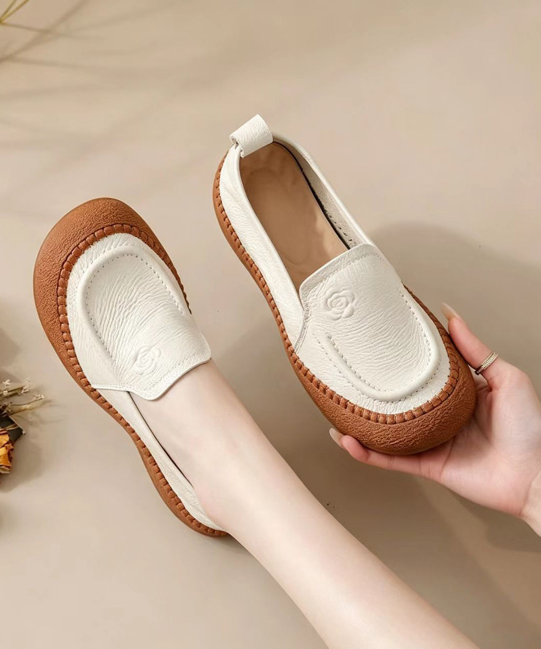 Casual Brown Embossed Floral Cowhide Leather Loafers