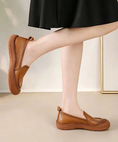 Casual Brown Embossed Floral Cowhide Leather Loafers