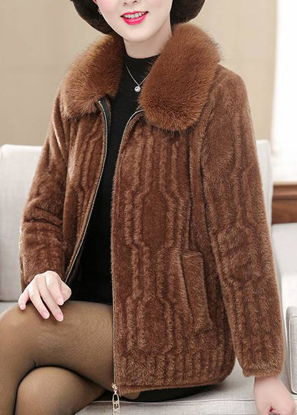 Casual Brown Fur Collar Mink Thick Velvet Jackets Winter