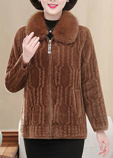 Casual Brown Fur Collar Mink Thick Velvet Jackets Winter
