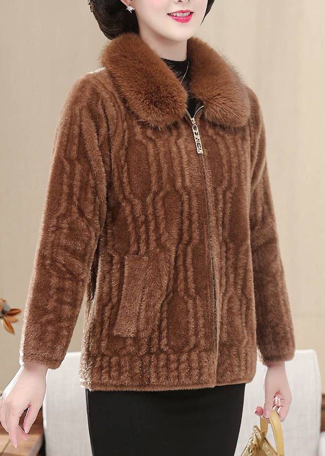 Casual Brown Fur Collar Mink Thick Velvet Jackets Winter