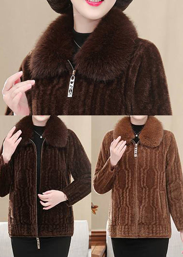 Casual Brown Fur Collar Mink Thick Velvet Jackets Winter