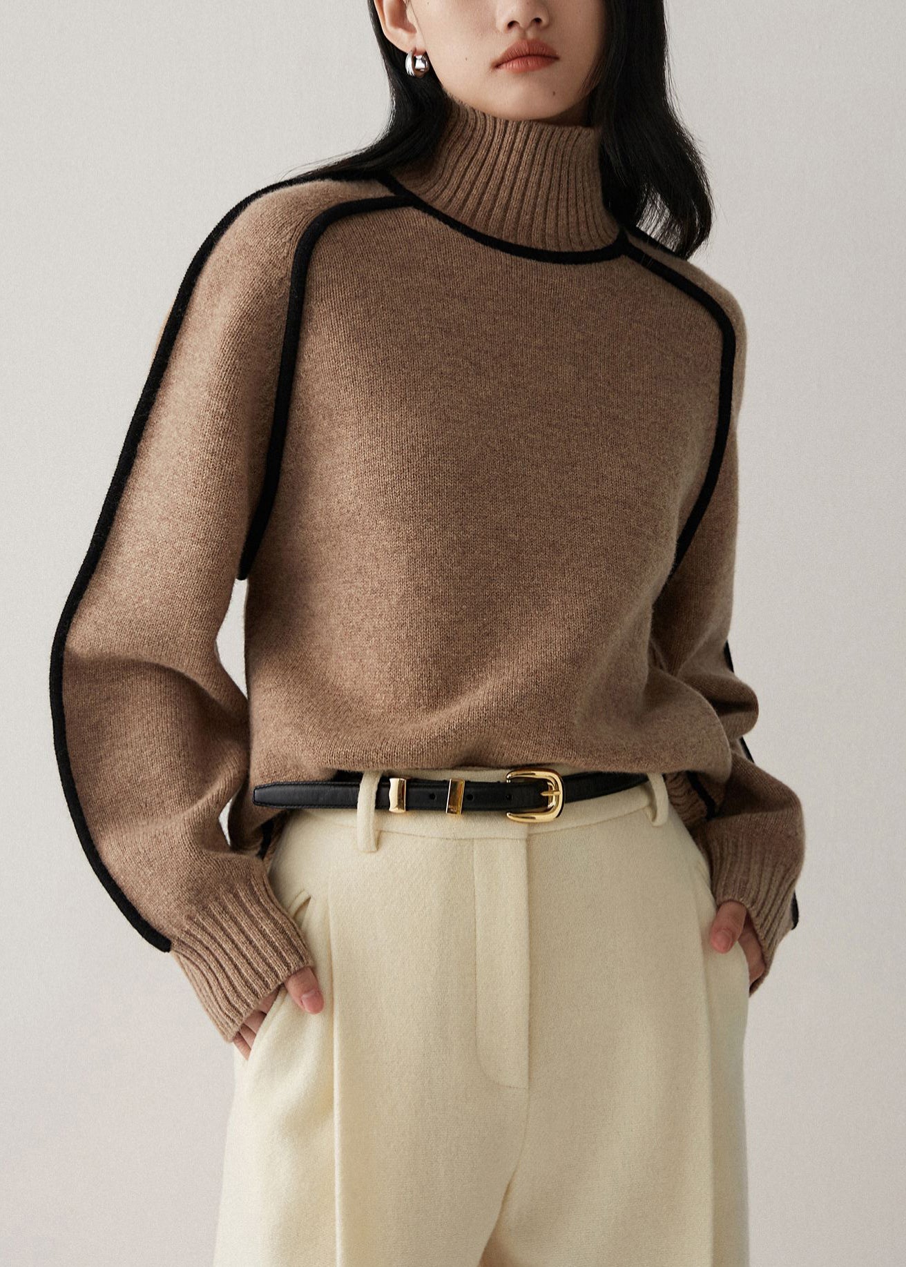 Casual Brown High Neck Contrast Piping Knit Sweater Fall