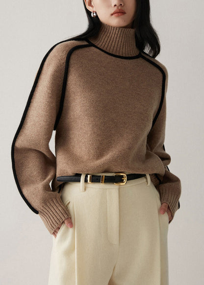 Casual Brown High Neck Contrast Piping Knit Sweater Fall