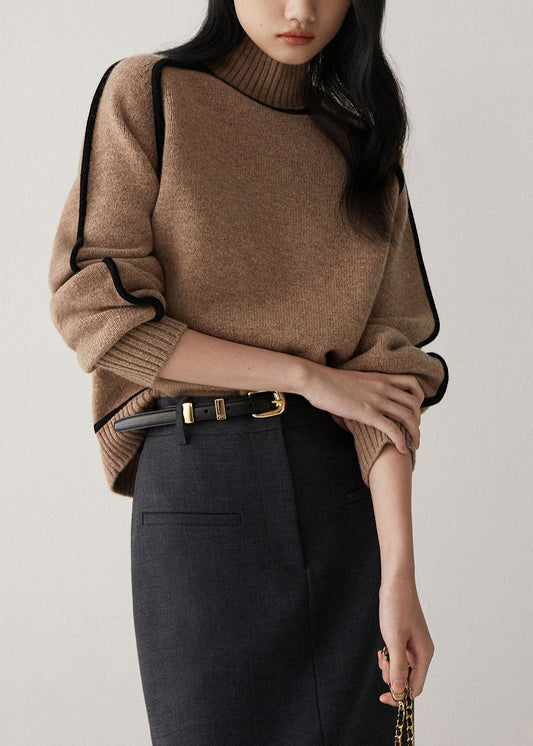 Casual Brown High Neck Contrast Piping Knit Sweater Fall