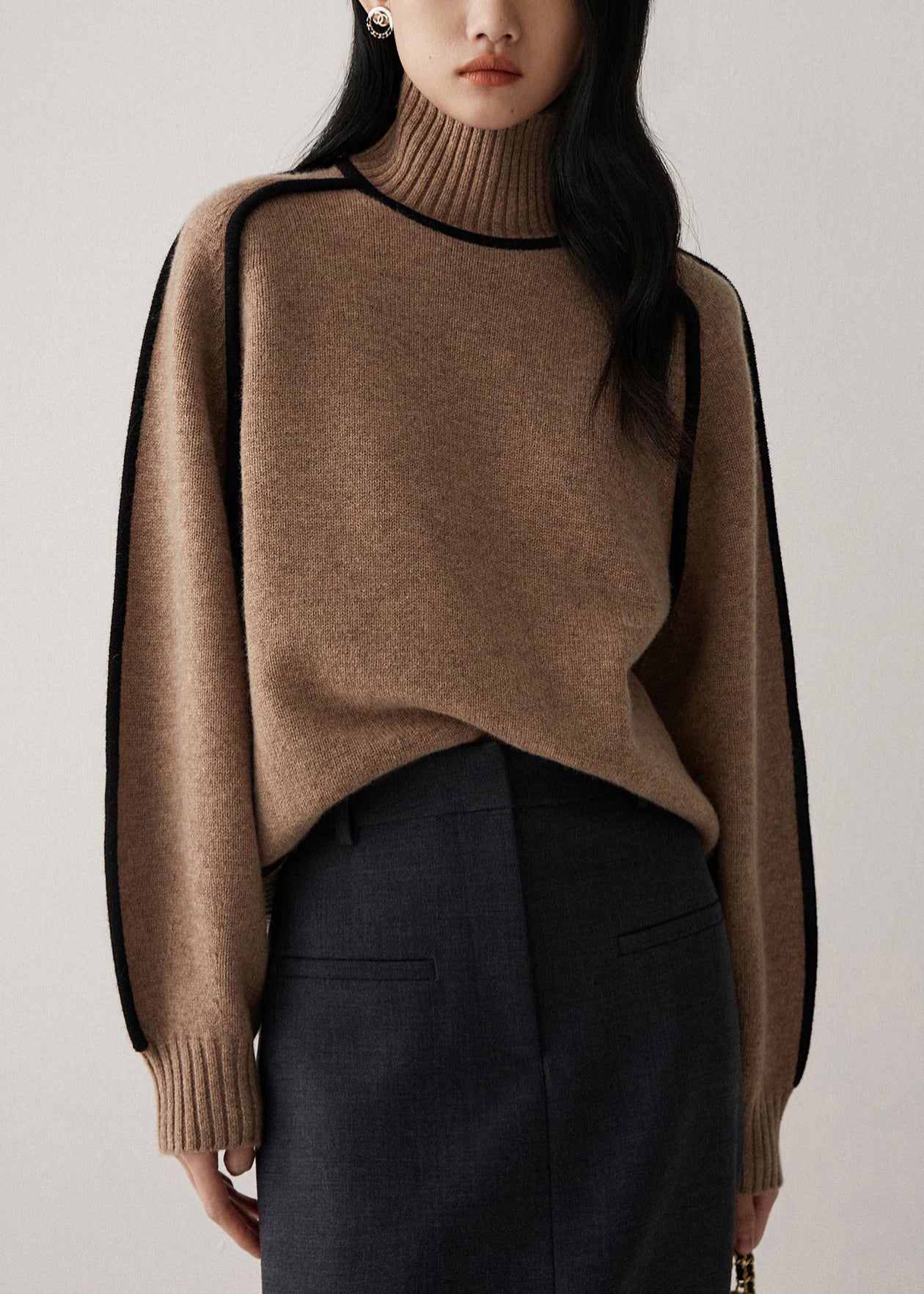Casual Brown High Neck Contrast Piping Knit Sweater Fall
