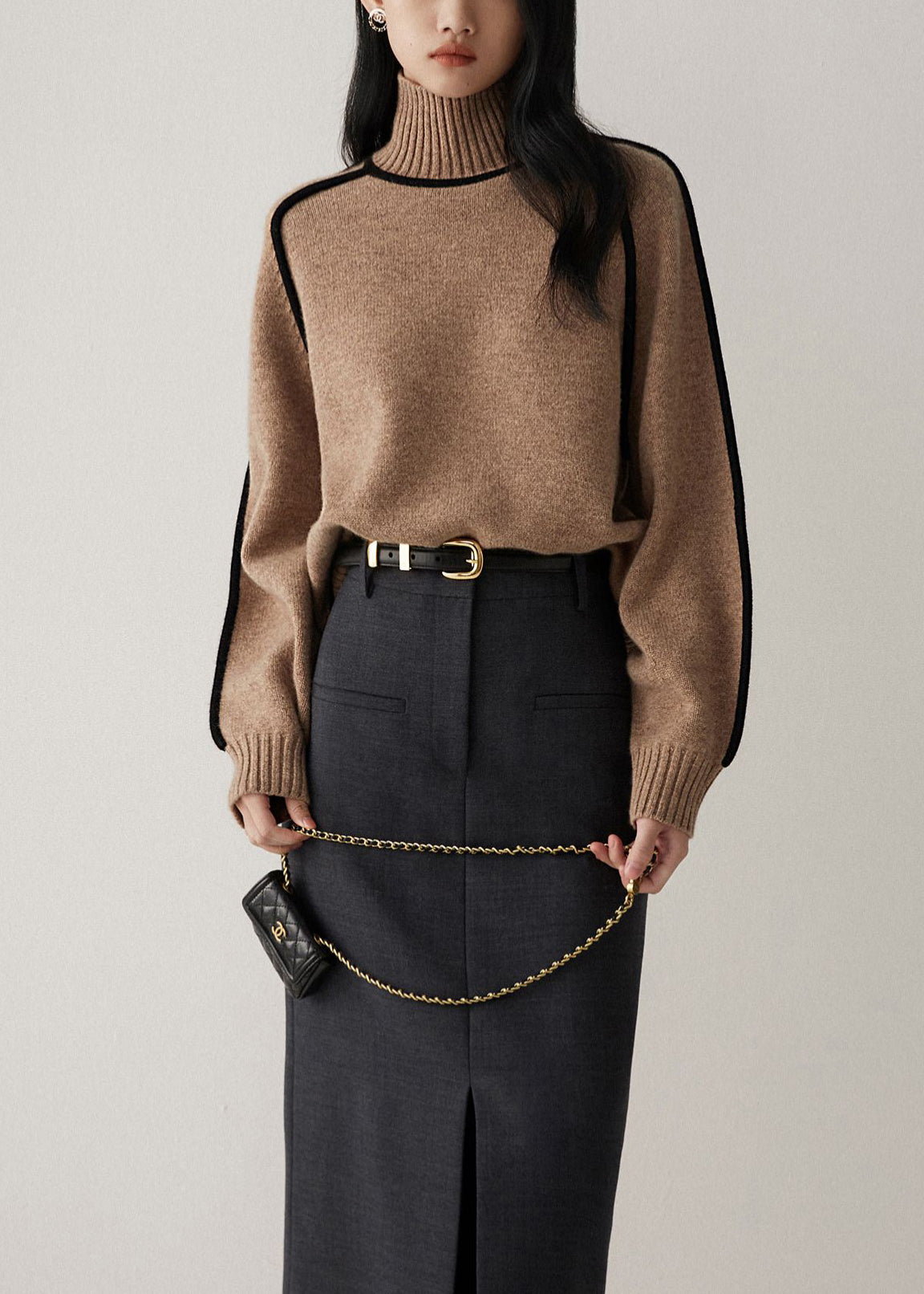 Casual Brown High Neck Contrast Piping Knit Sweater Fall