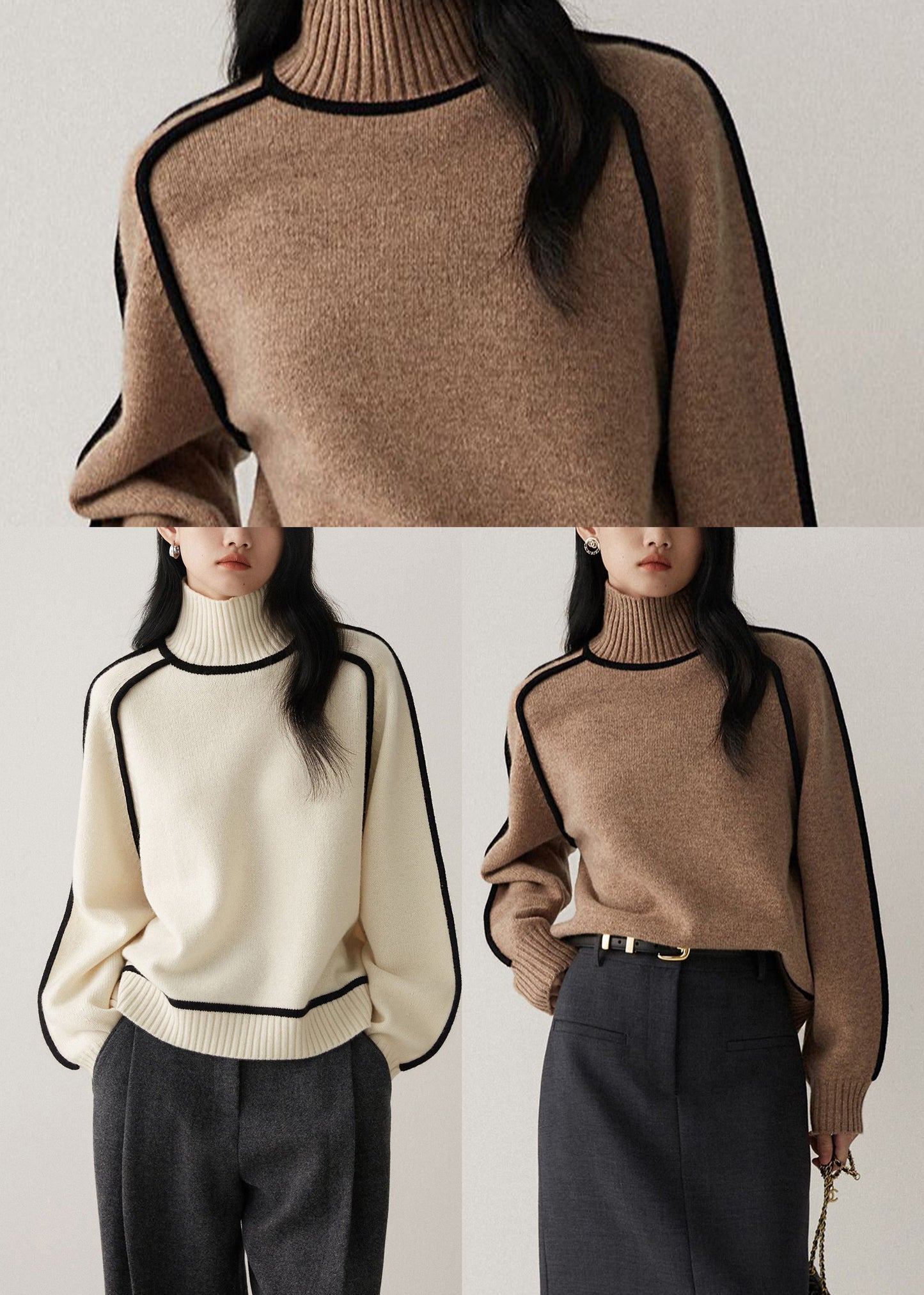 Casual Brown High Neck Contrast Piping Knit Sweater Fall