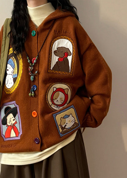 Casual Brown Hooded Applique Button Knit Coats Spring