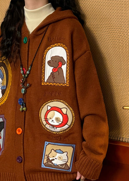 Casual Brown Hooded Applique Button Knit Coats Spring