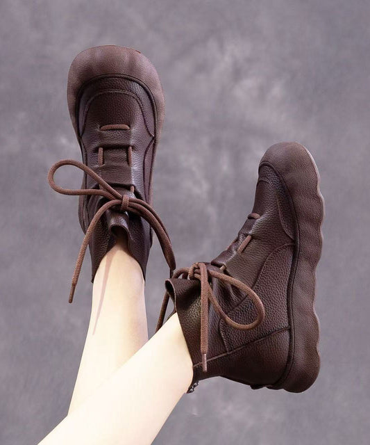 Casual Brown Lace Up Cowhide Leather Ankle Boots