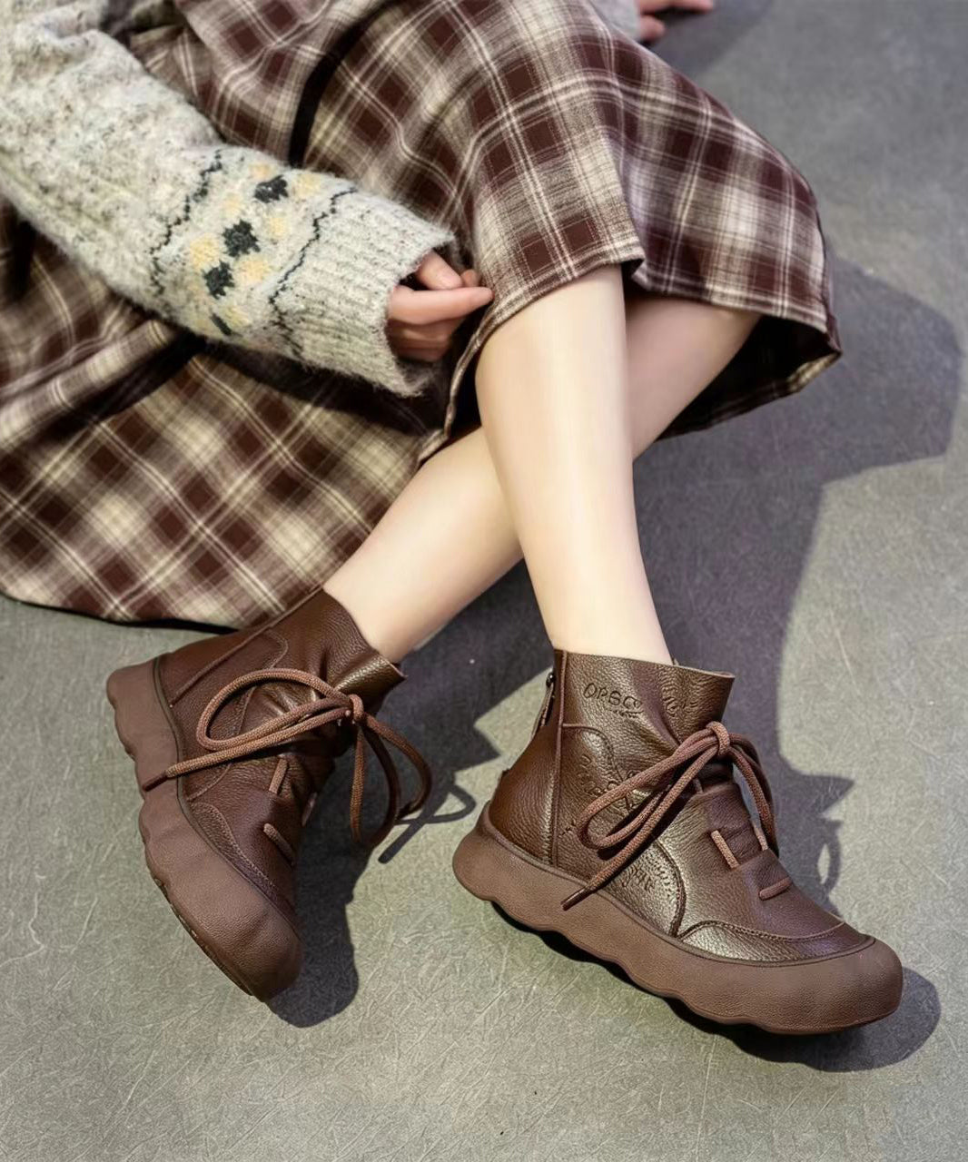Casual Brown Lace Up Cowhide Leather Ankle Boots