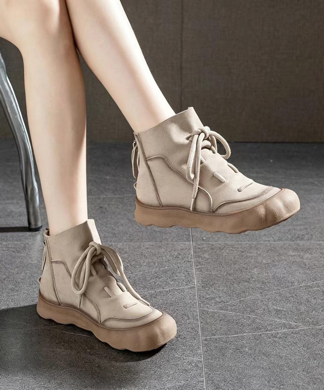 Casual Brown Lace Up Cowhide Leather Ankle Boots