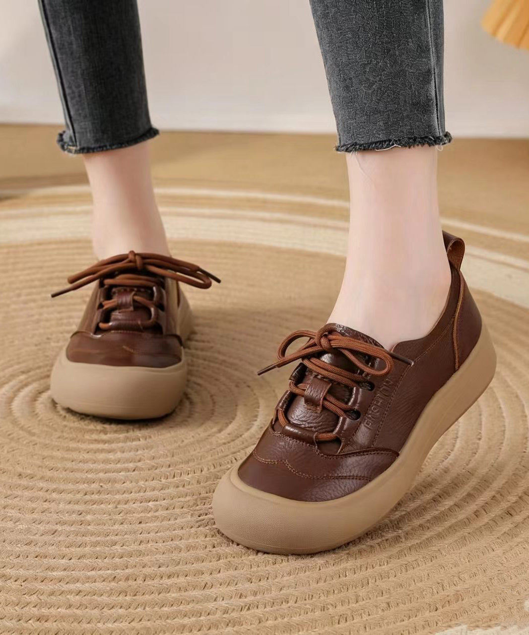 Casual Brown Lace Up Cowhide Leather Flat Shoes