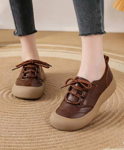 Casual Brown Lace Up Cowhide Leather Flat Shoes