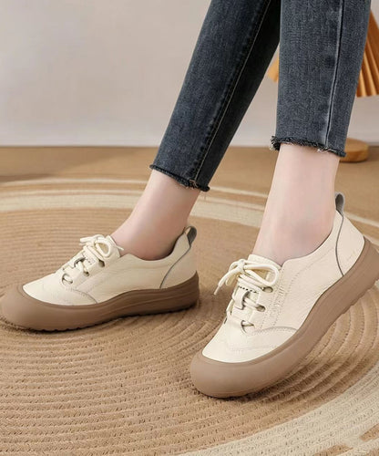 Casual Brown Lace Up Cowhide Leather Flat Shoes