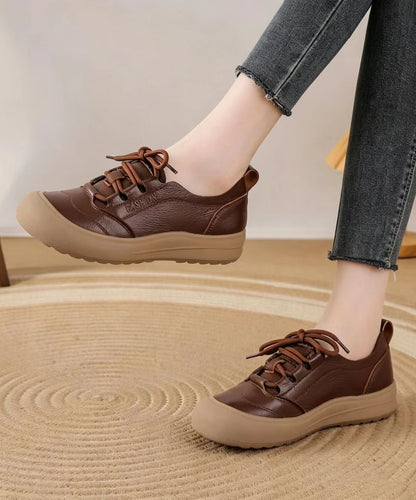Casual Brown Lace Up Cowhide Leather Flat Shoes