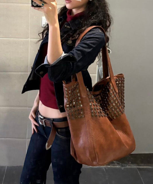 Casual Brown Large Capacity Rivet Faux Leather Shoulder Bag