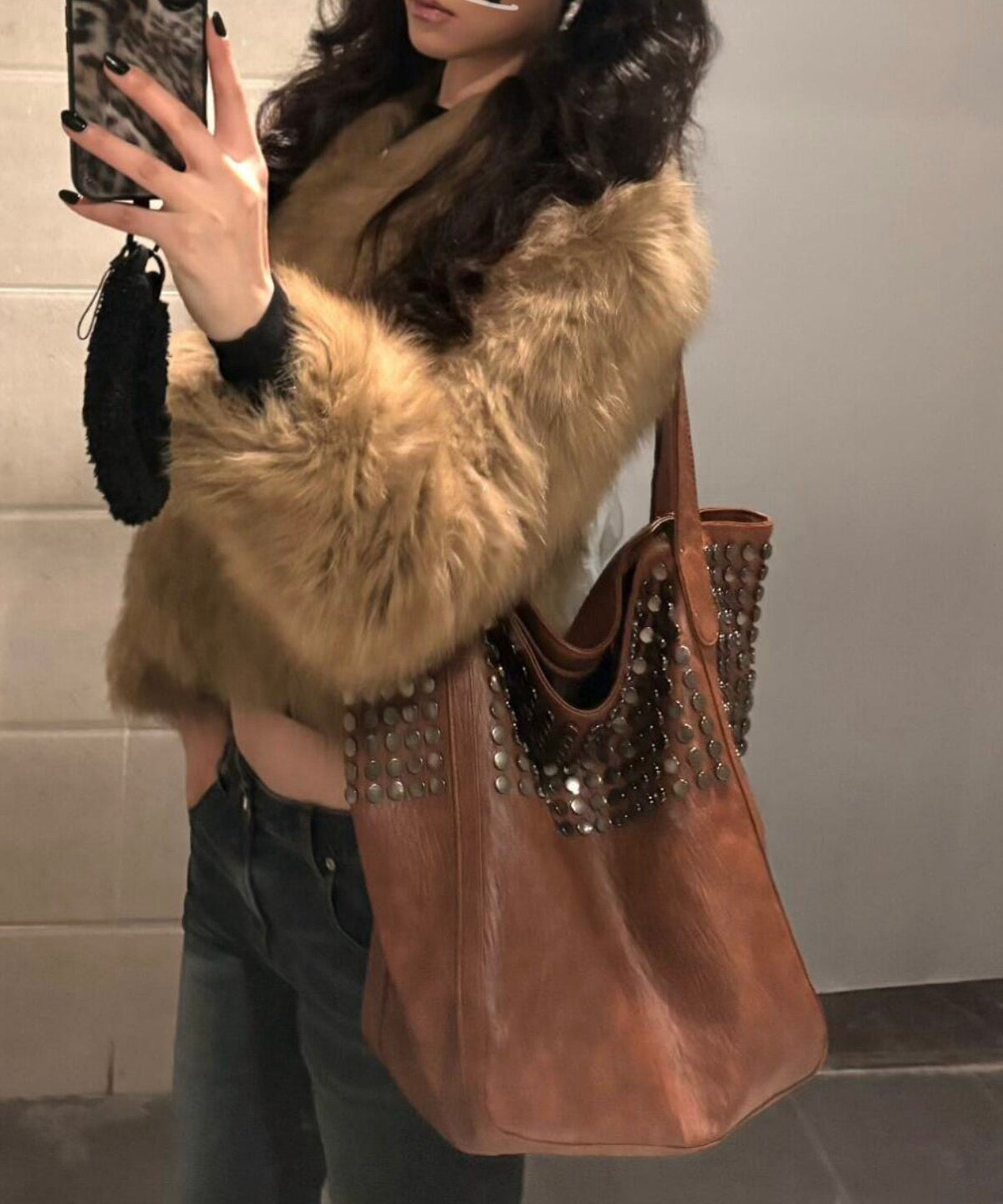 Casual Brown Large Capacity Rivet Faux Leather Shoulder Bag