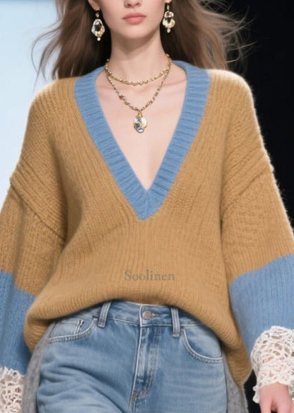 Casual Brown Low High Design Patchwork Long Sweaters Winter