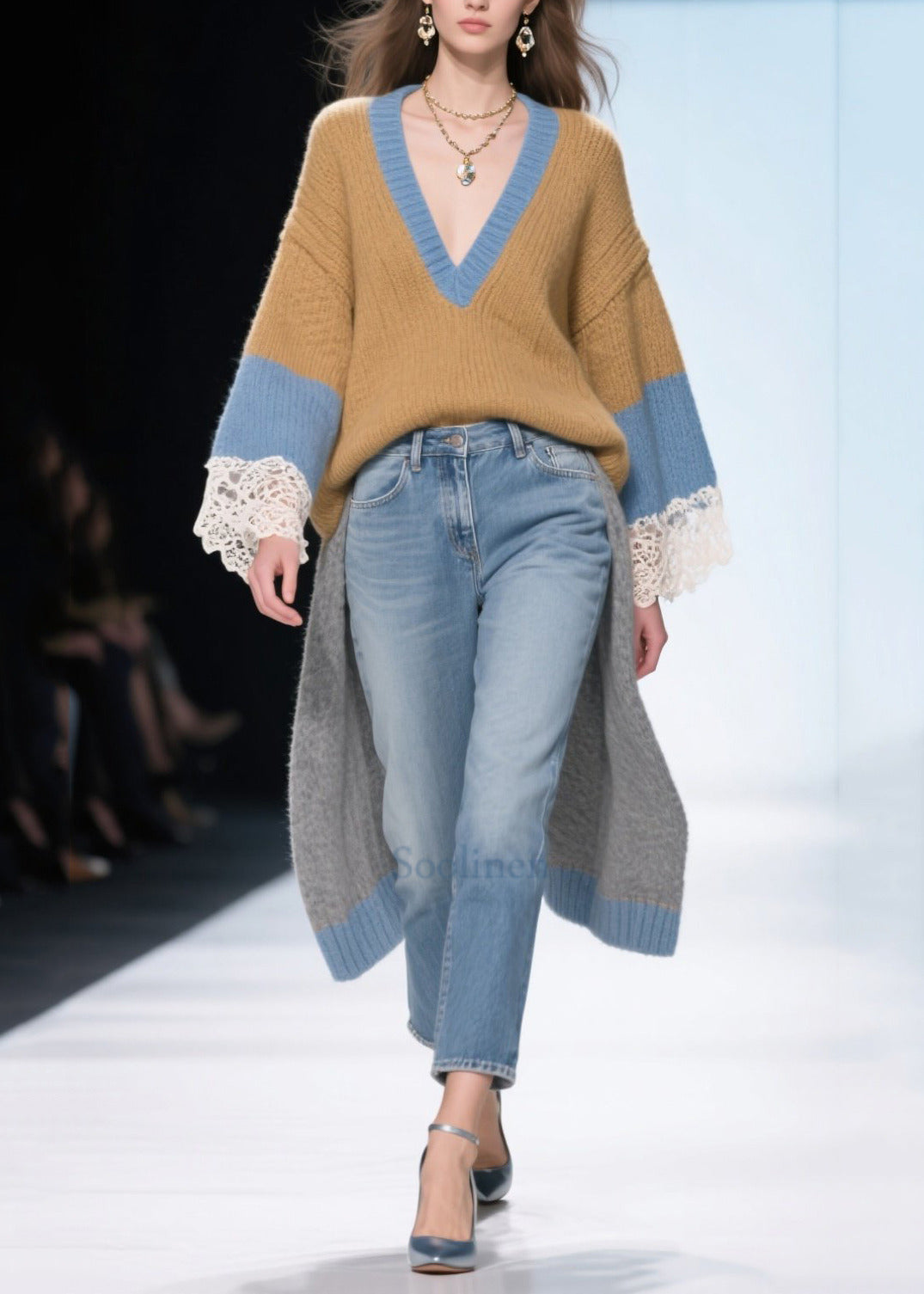 Casual Brown Low High Design Patchwork Long Sweaters Winter