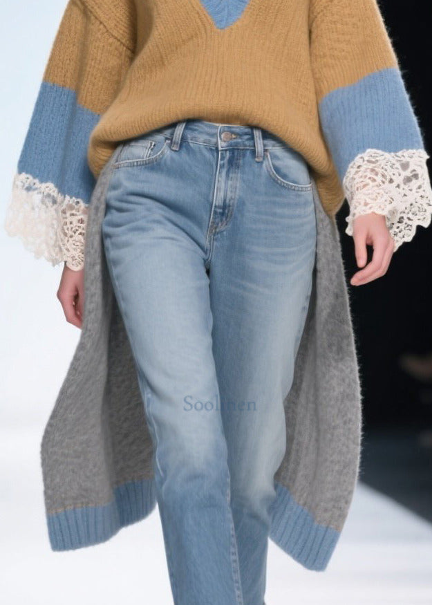 Casual Brown Low High Design Patchwork Long Sweaters Winter