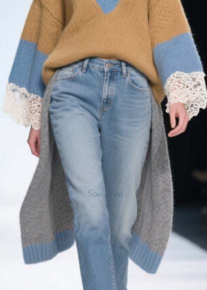 Casual Brown Low High Design Patchwork Long Sweaters Winter