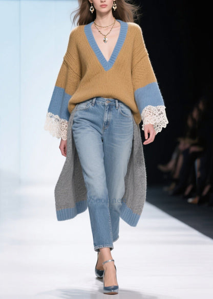 Casual Brown Low High Design Patchwork Long Sweaters Winter