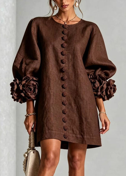 Casual Brown O-Neck Button Stereoscopic Floral Dress Lantern Sleeve