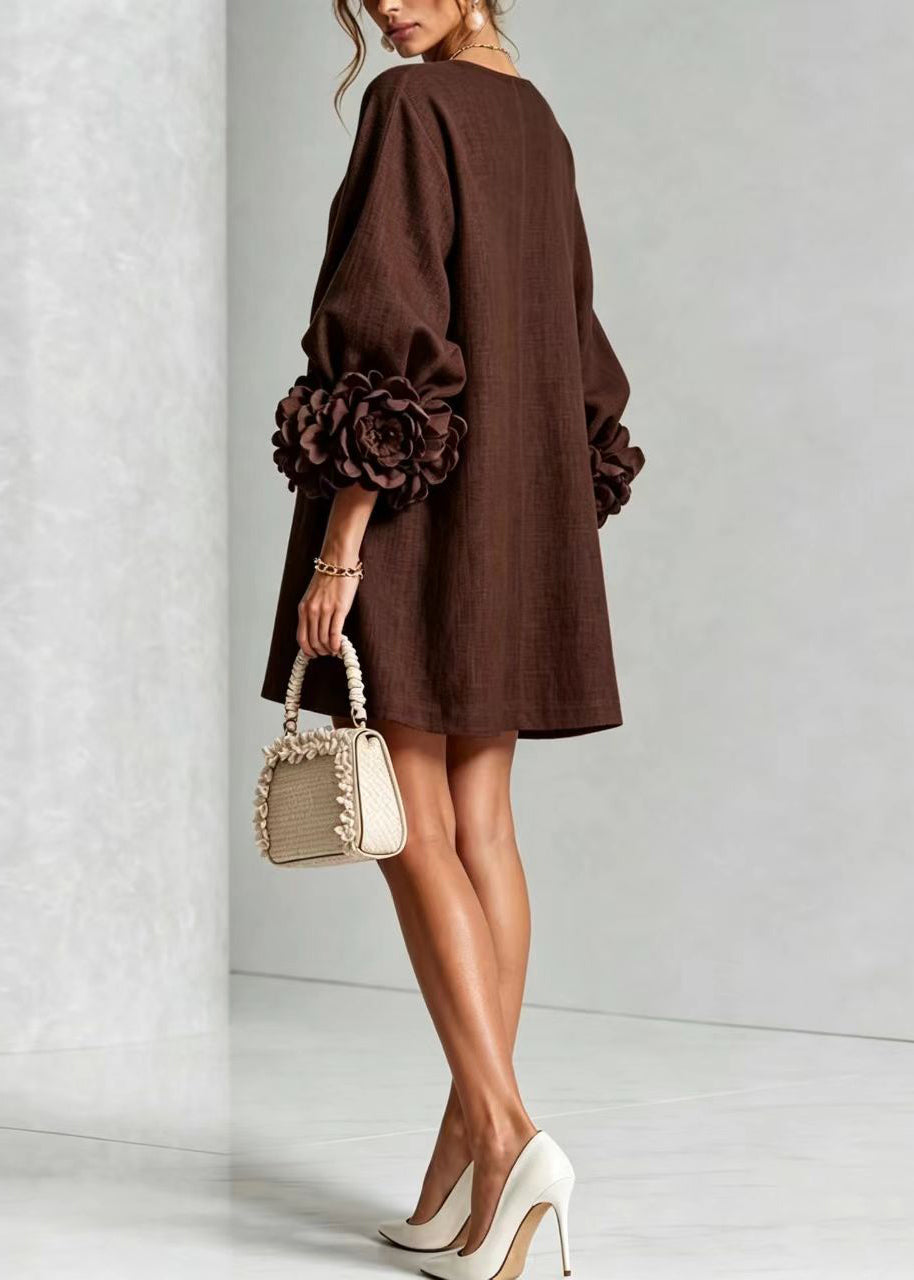 Casual Brown O-Neck Button Stereoscopic Floral Dress Lantern Sleeve