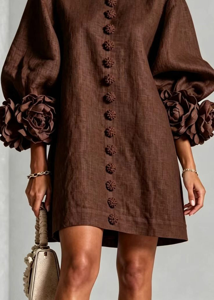 Casual Brown O-Neck Button Stereoscopic Floral Dress Lantern Sleeve