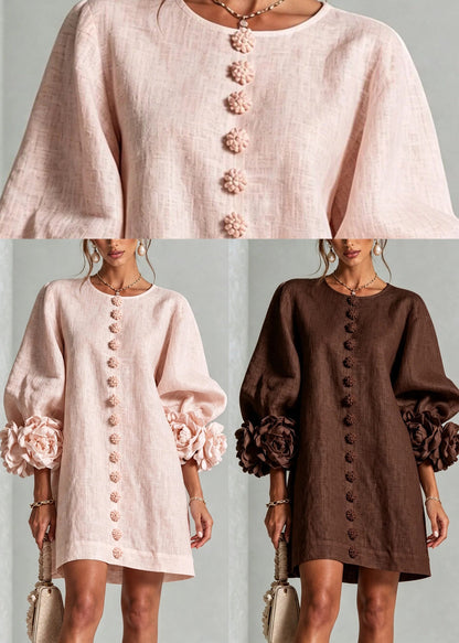 Casual Brown O-Neck Button Stereoscopic Floral Dress Lantern Sleeve