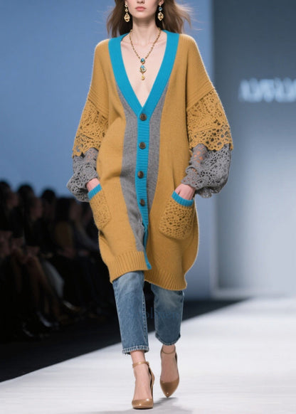 Casual Brown Oversized Patchwork Lace Knit Cardigans Fall