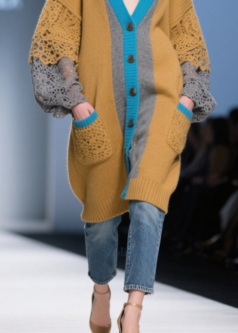 Casual Brown Oversized Patchwork Lace Knit Cardigans Fall